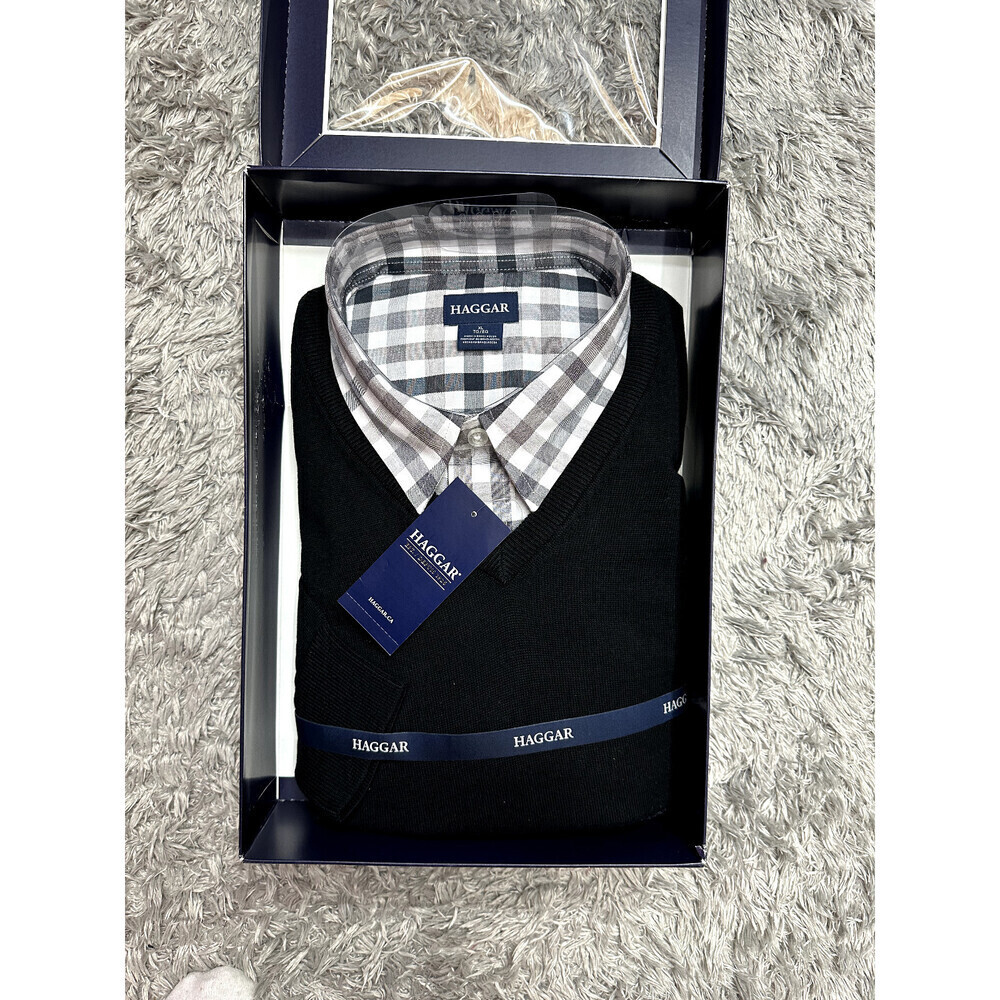 Haggar Men's 2 Piece Sweater & Shirt Christmas Gift Box Set Black Size XL $130